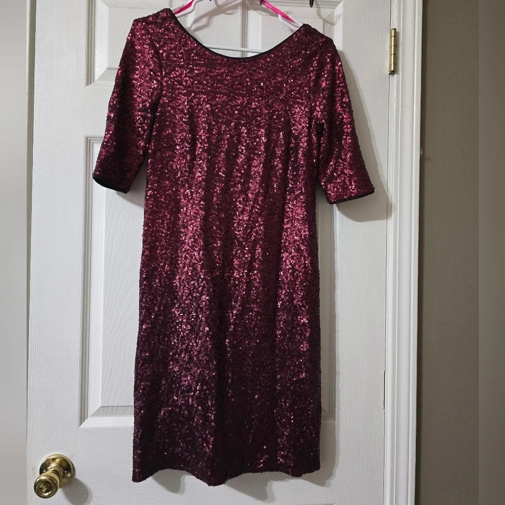 Betsy Johnson Dark Red Sequined Shift Dress, Low Scoop Back, Fully Lined, EUC!